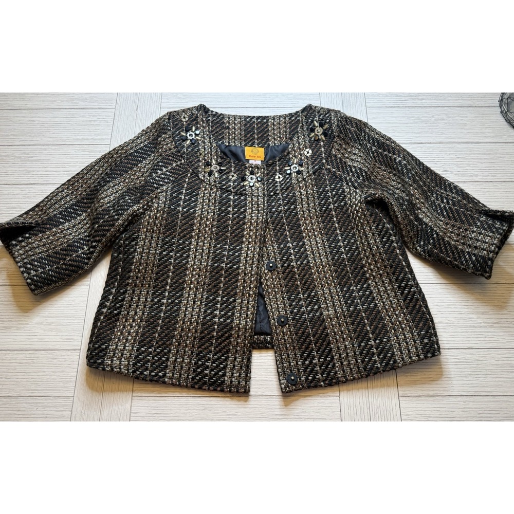 Ruby Rd Brown Plaid Tweed Embellished Lined 90s Blazer Hidden Snap‎ Front Sz 12